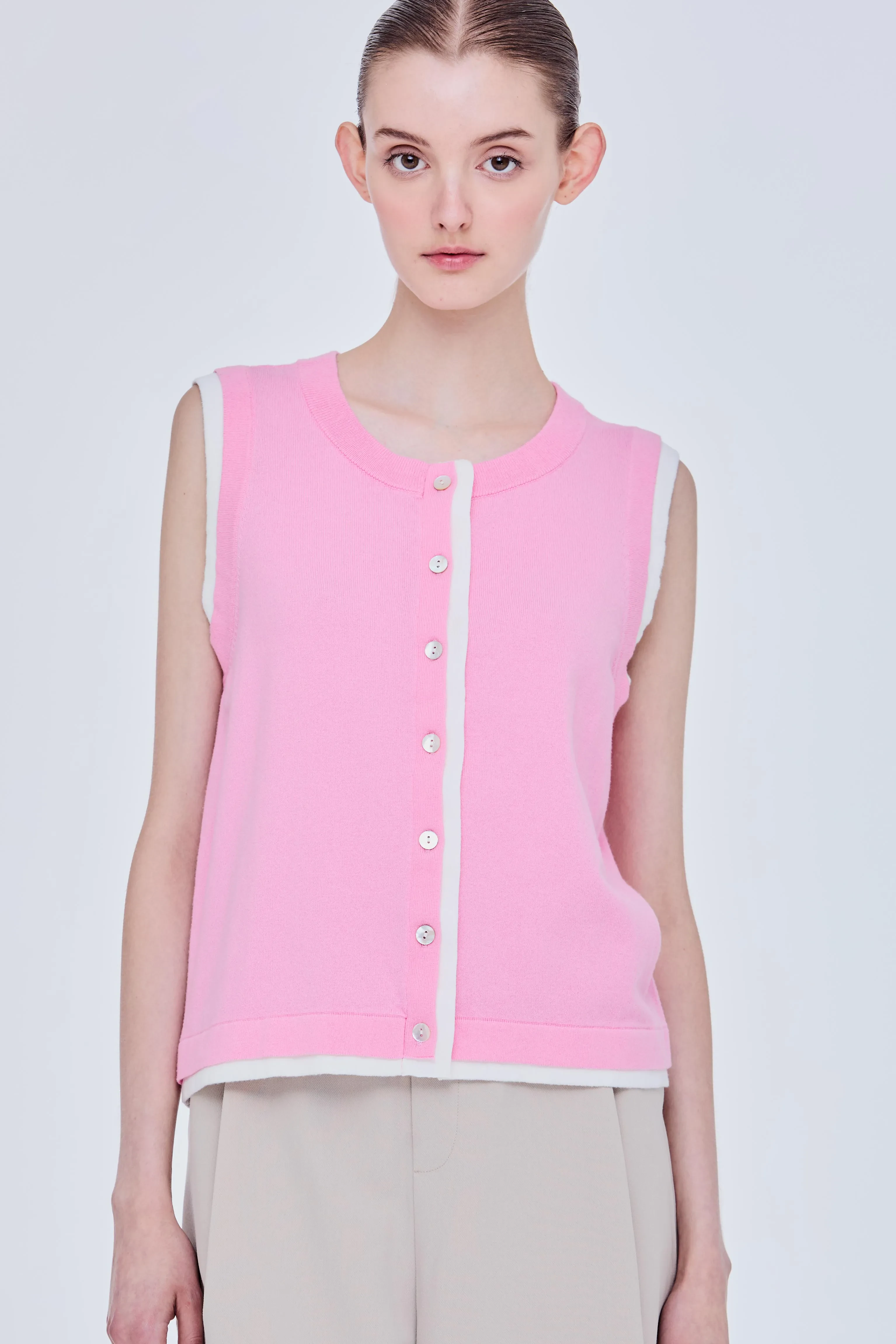 CONTRAST TRIM KNIT VEST - PINK