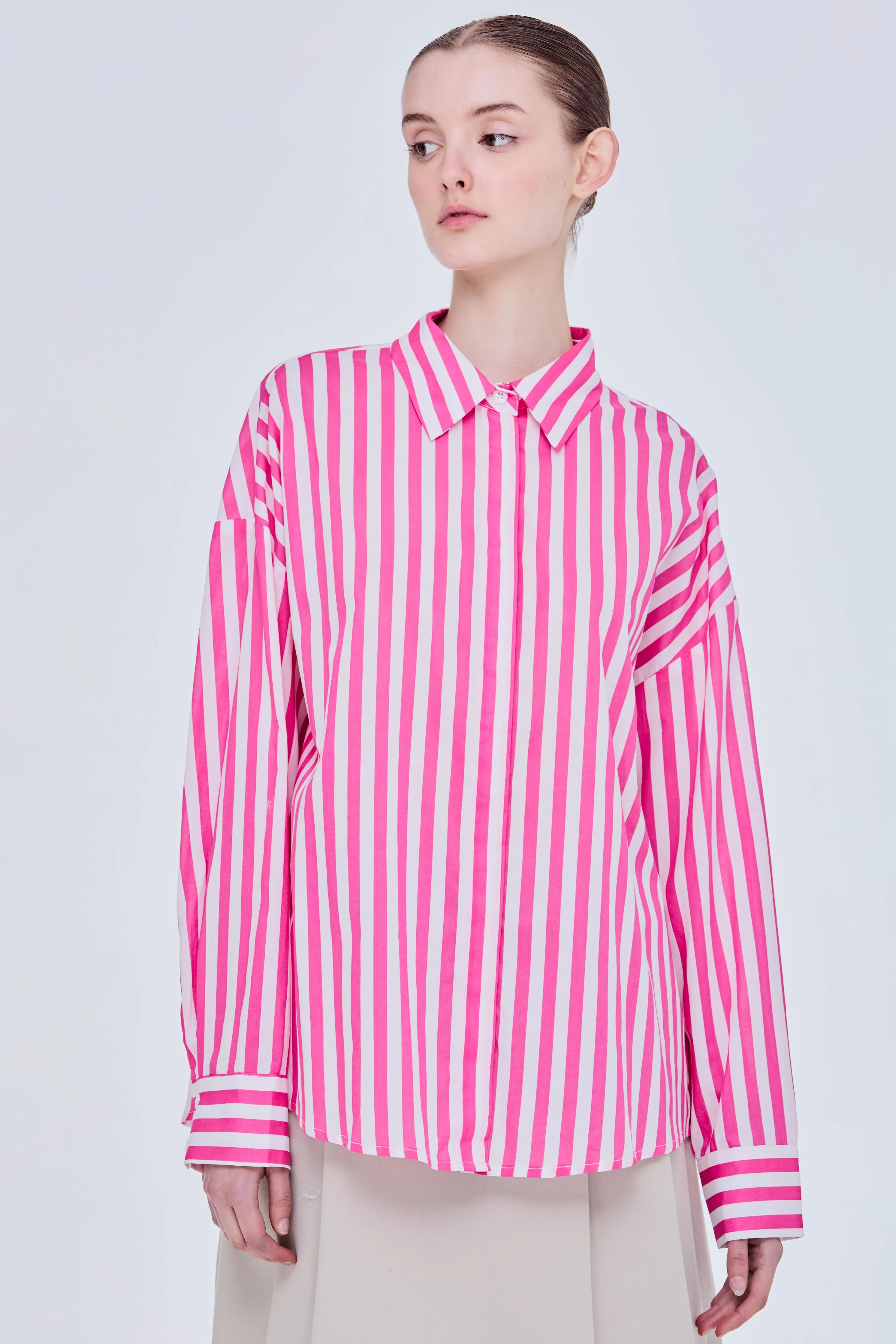 DROPPED SHOULDER STRIPED SHIRT - PINK STRIPES