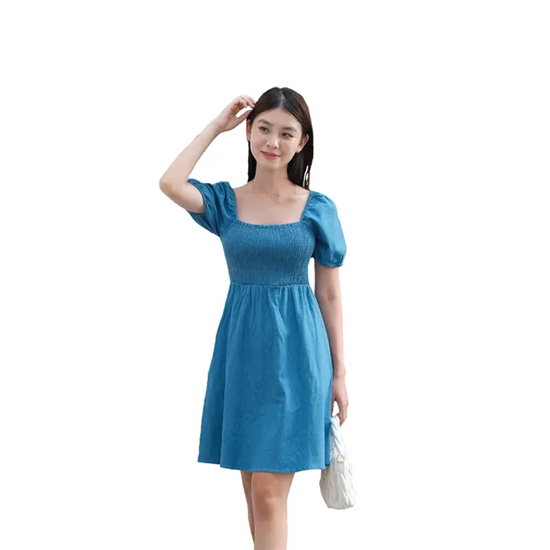 BECCA SMOCKED DENIM PUFF DRESS - LIGHT DENIM
