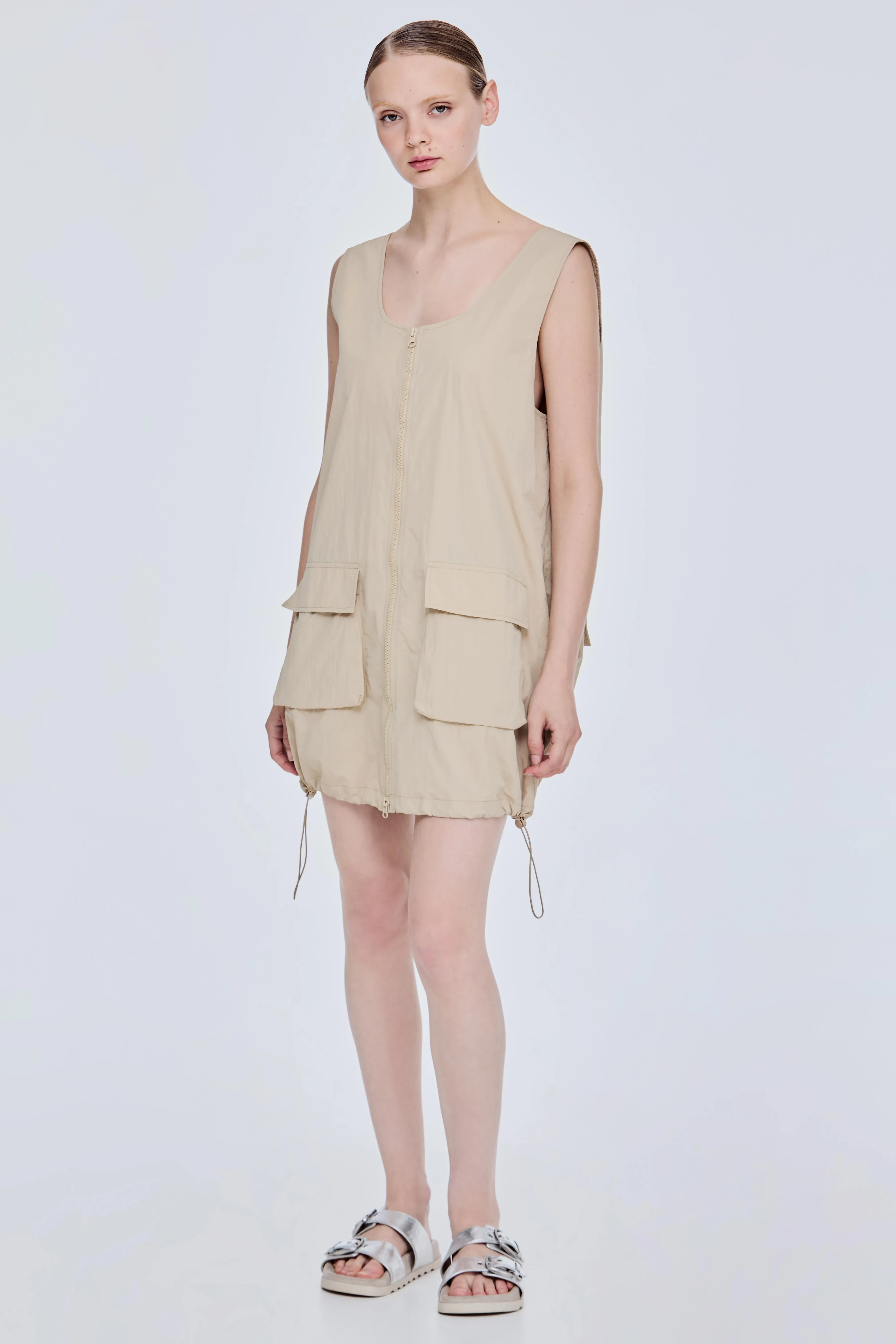 MINI DRAWSTRING DRESS - BEIGE