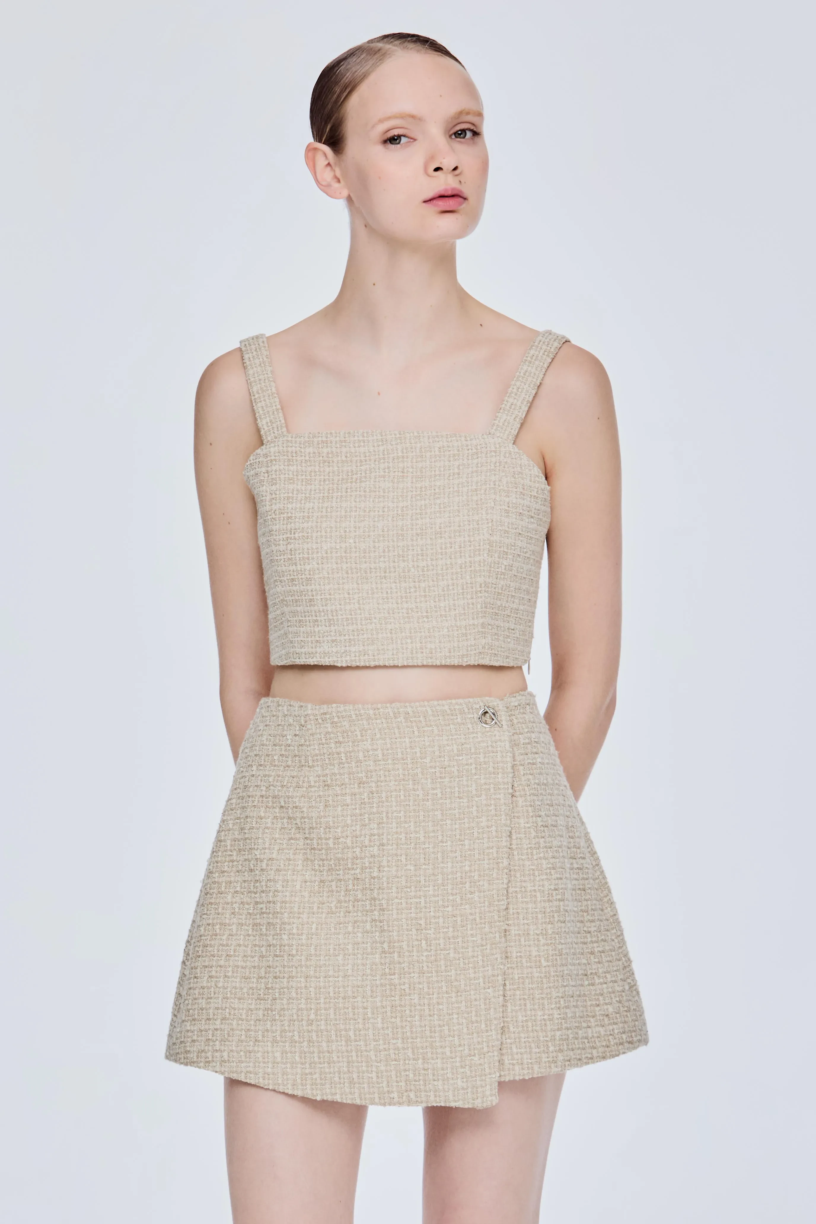 TAILORED TWEED WRAP SKIRT - KHAKI TWEED