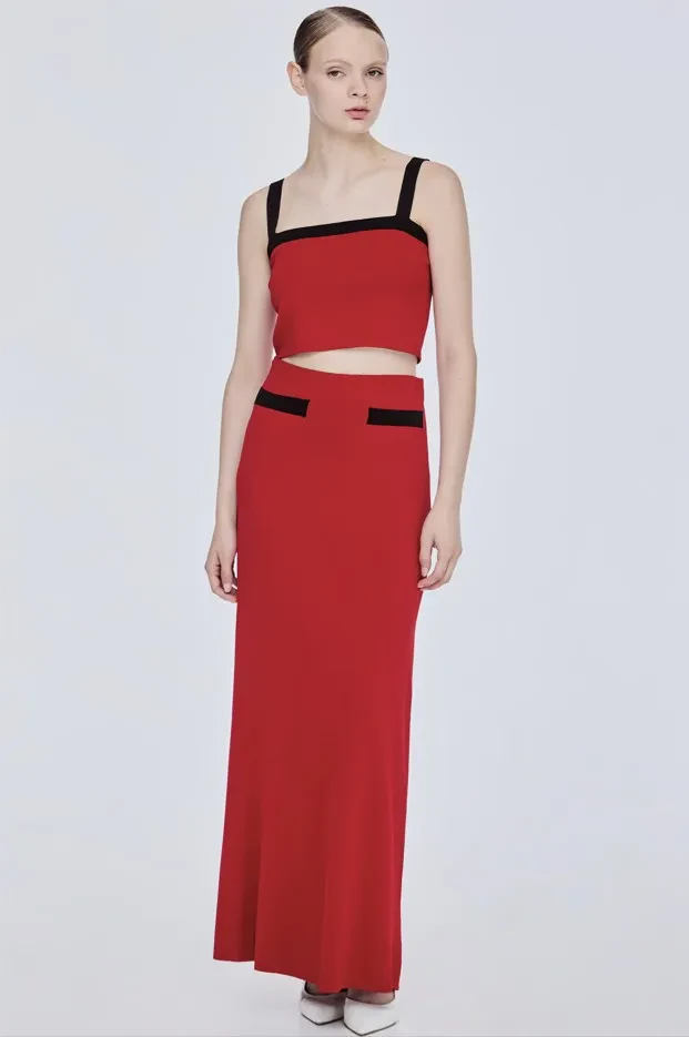 COLOR BLOCK MAXI KNIT SKIRT - RED