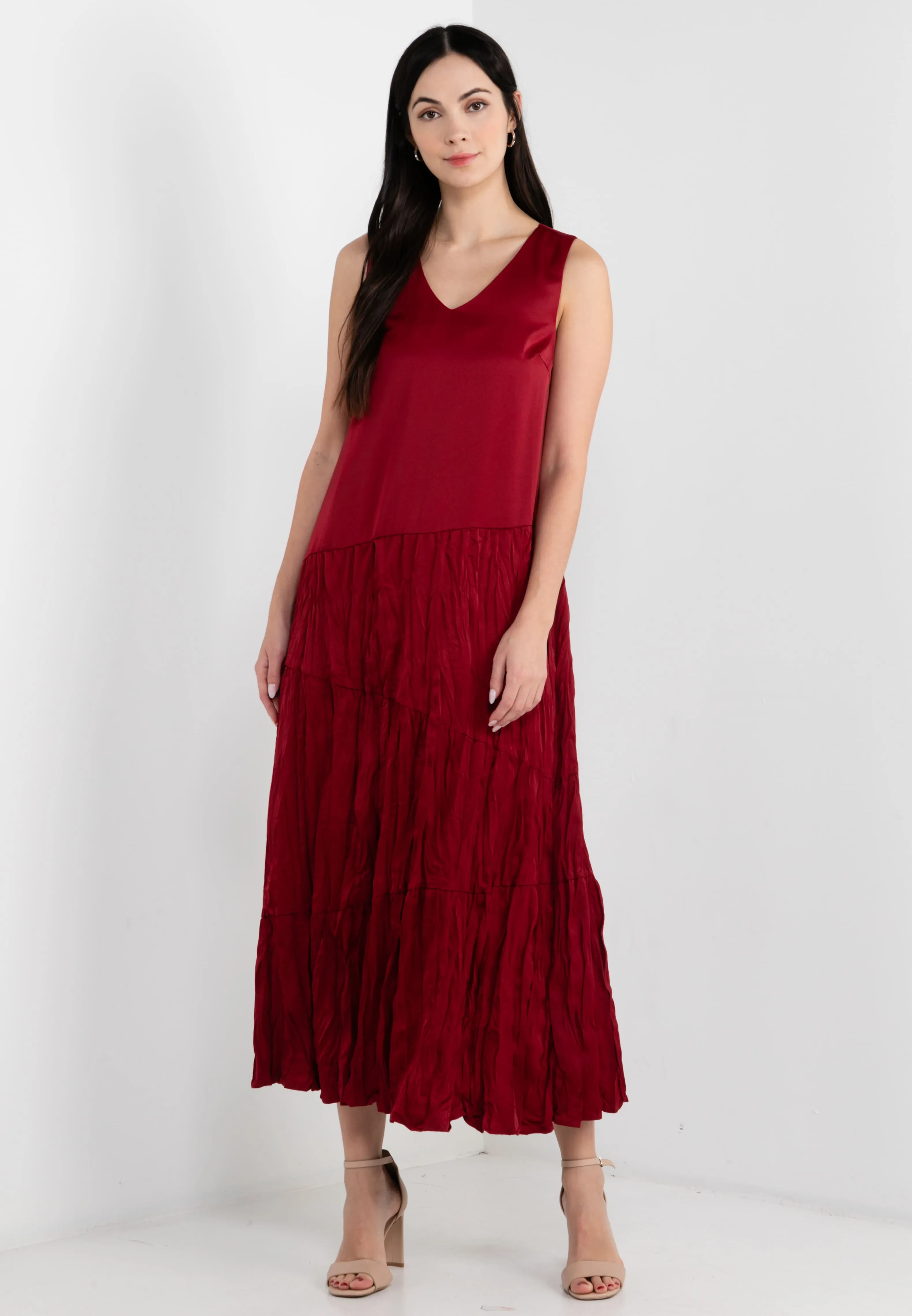 ELLE PLEATED SLEEVELESS PARTY DRESS  - MAROON