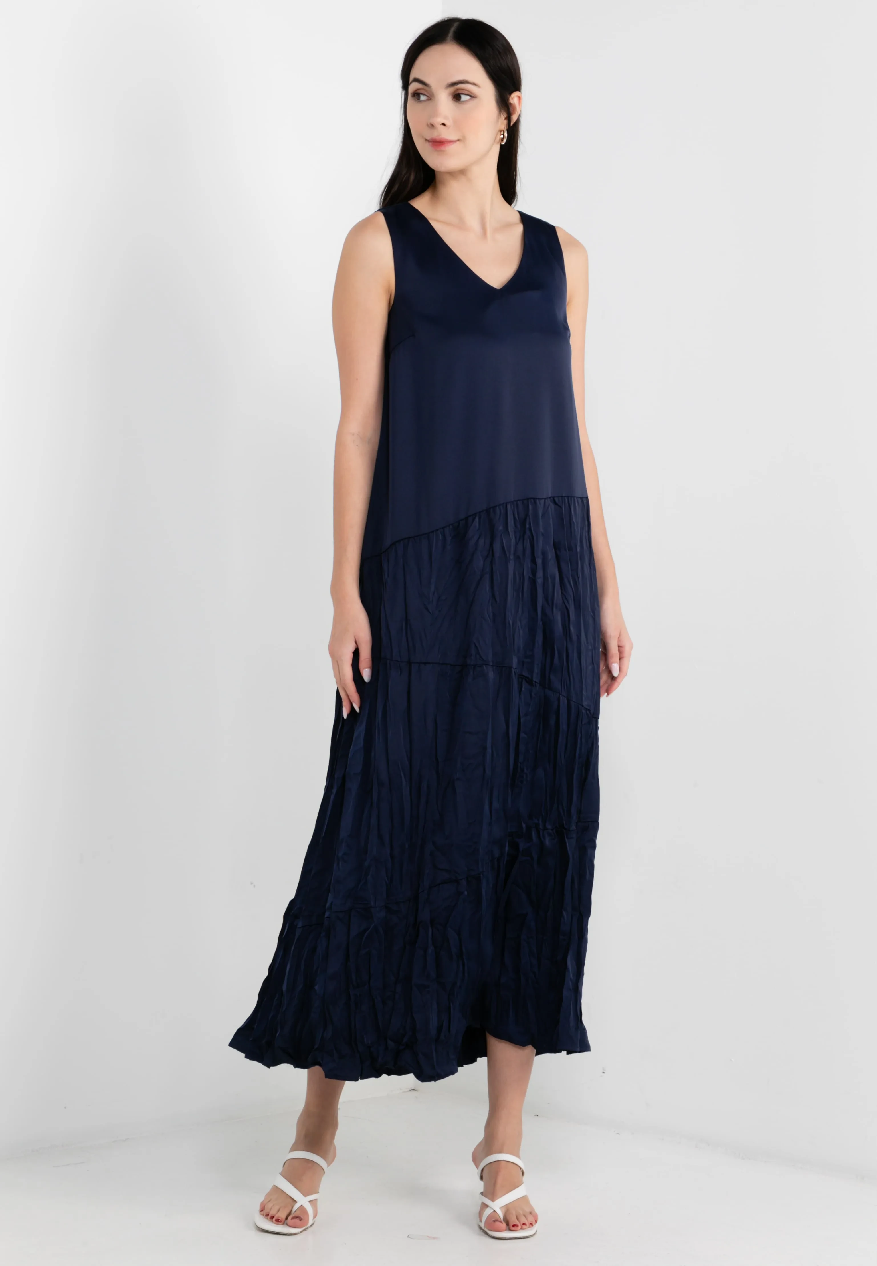 ELLE PLEATED SLEEVELESS PARTY DRESS  - NAVY