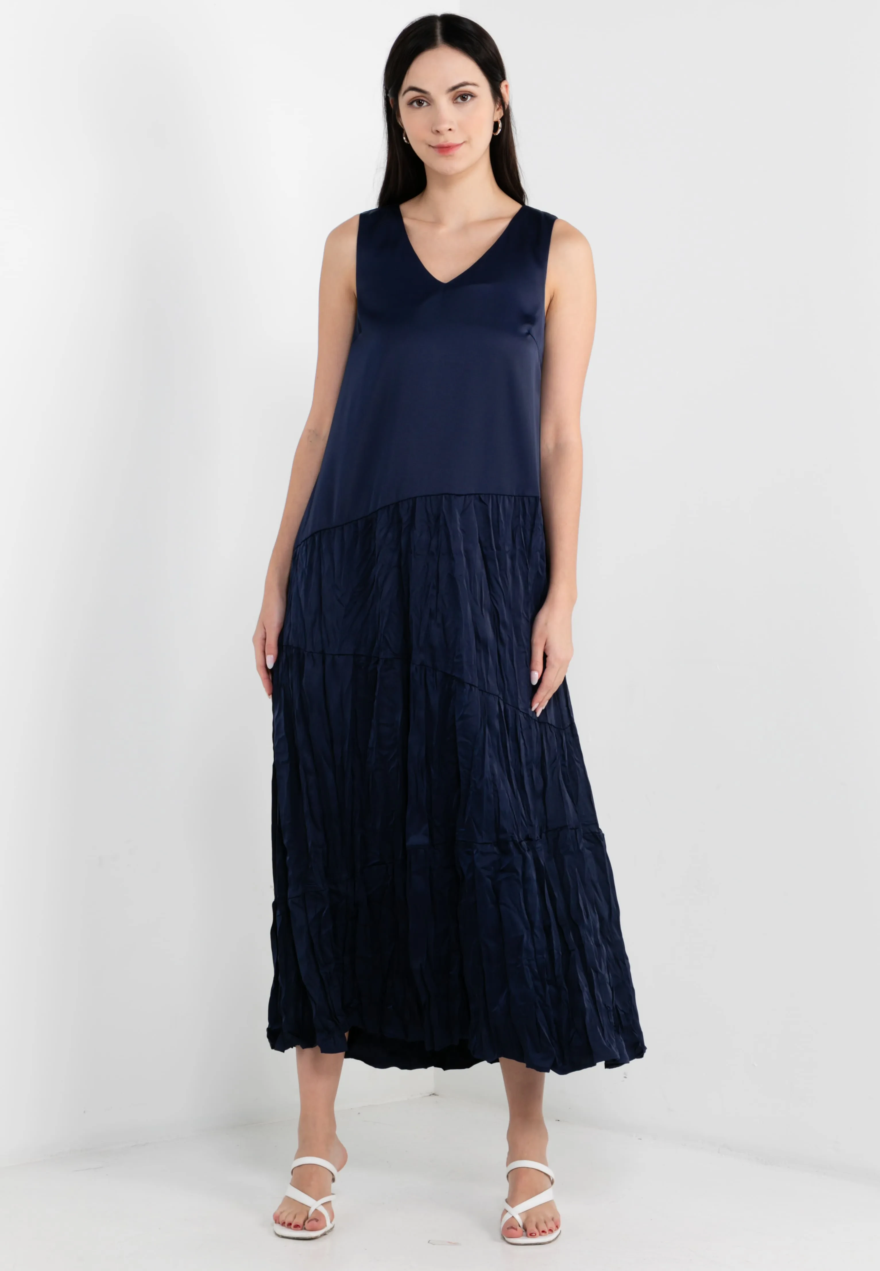 ELLE PLEATED SLEEVELESS PARTY DRESS  - NAVY