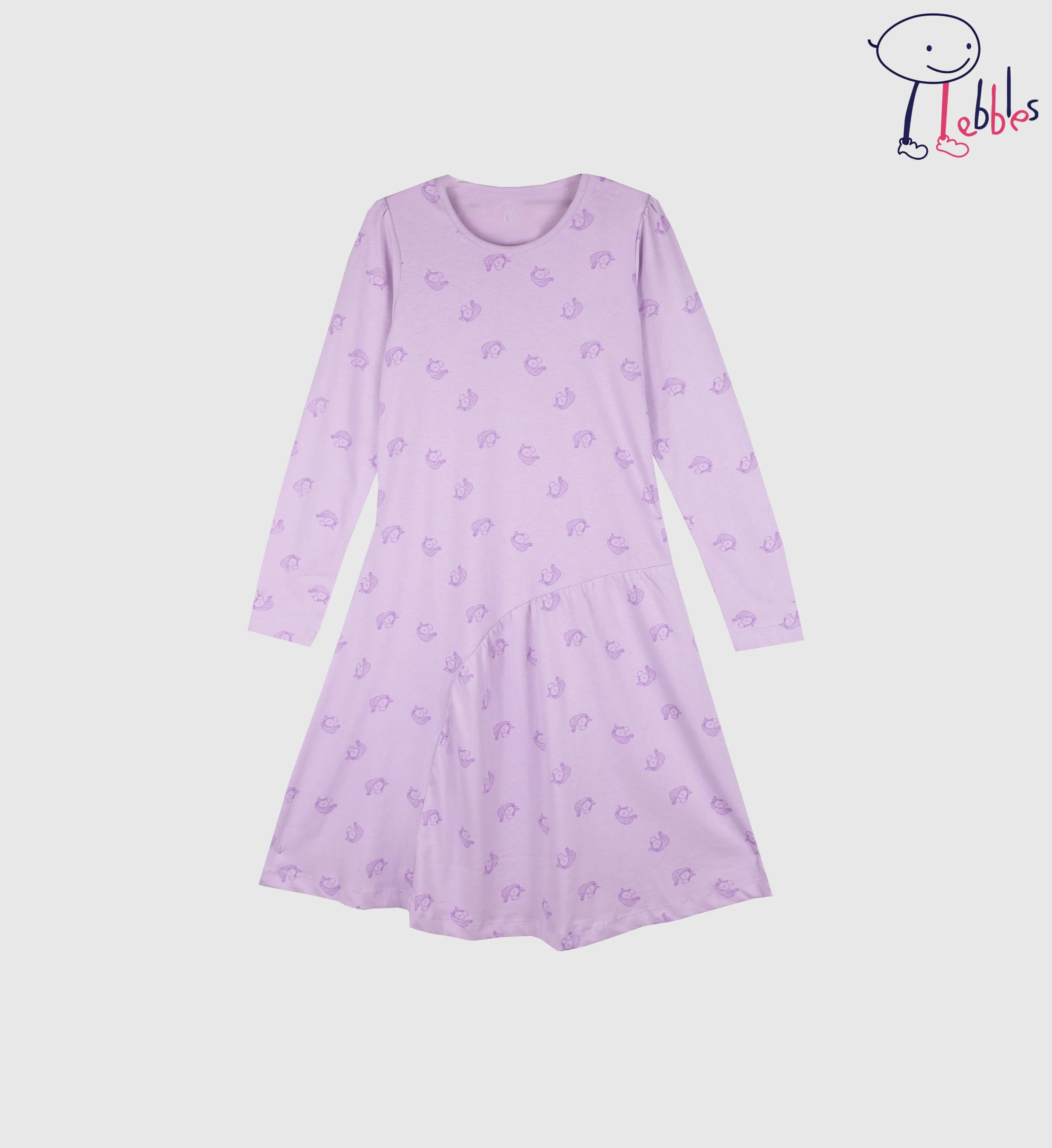 FOS X PEBBLES GIRLS |  LONG SLEEVE SOLID GRAPHIC ALL OVER PRINT DRESS (PEB2031100002)