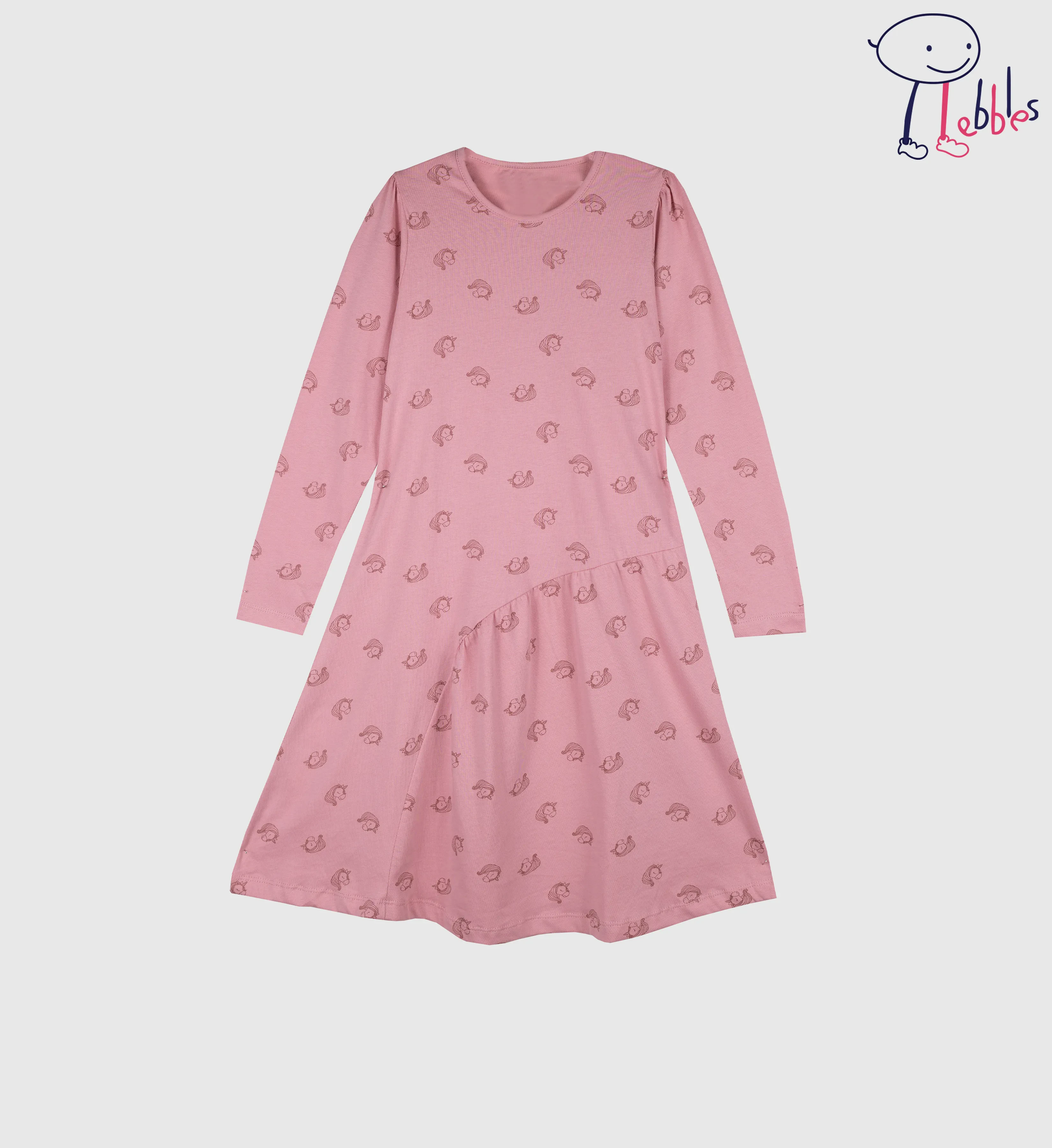 FOS X PEBBLES GIRLS |  LONG SLEEVE SOLID GRAPHIC ALL OVER PRINT DRESS (PEB2031100002)