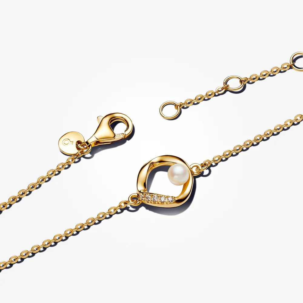PANDORA ESSENCE 14K GOLD PLATED ORGANICALLY SHAPED PAVÉ CIRCLE & TREATED FRESHWATER CULTURED PEARL BRACELET