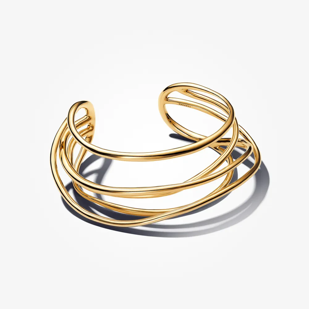 PANDORA ESSENCE 14K GOLD PLATED ORGANICALLY SHAPED WIRED OPEN BANGLE