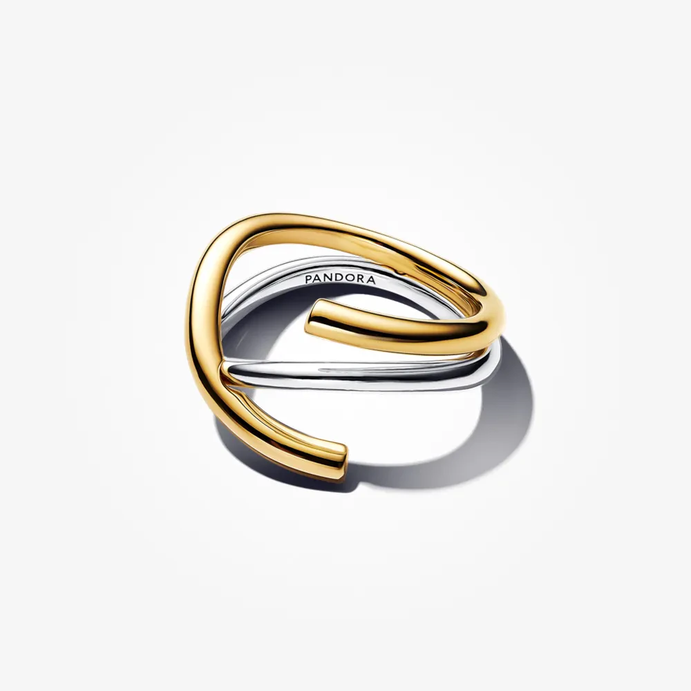 PANDORA ESSENCE 14K GOLD PLATED ORGANICALLY SHAPED TWO-TONE DOUBLE RING