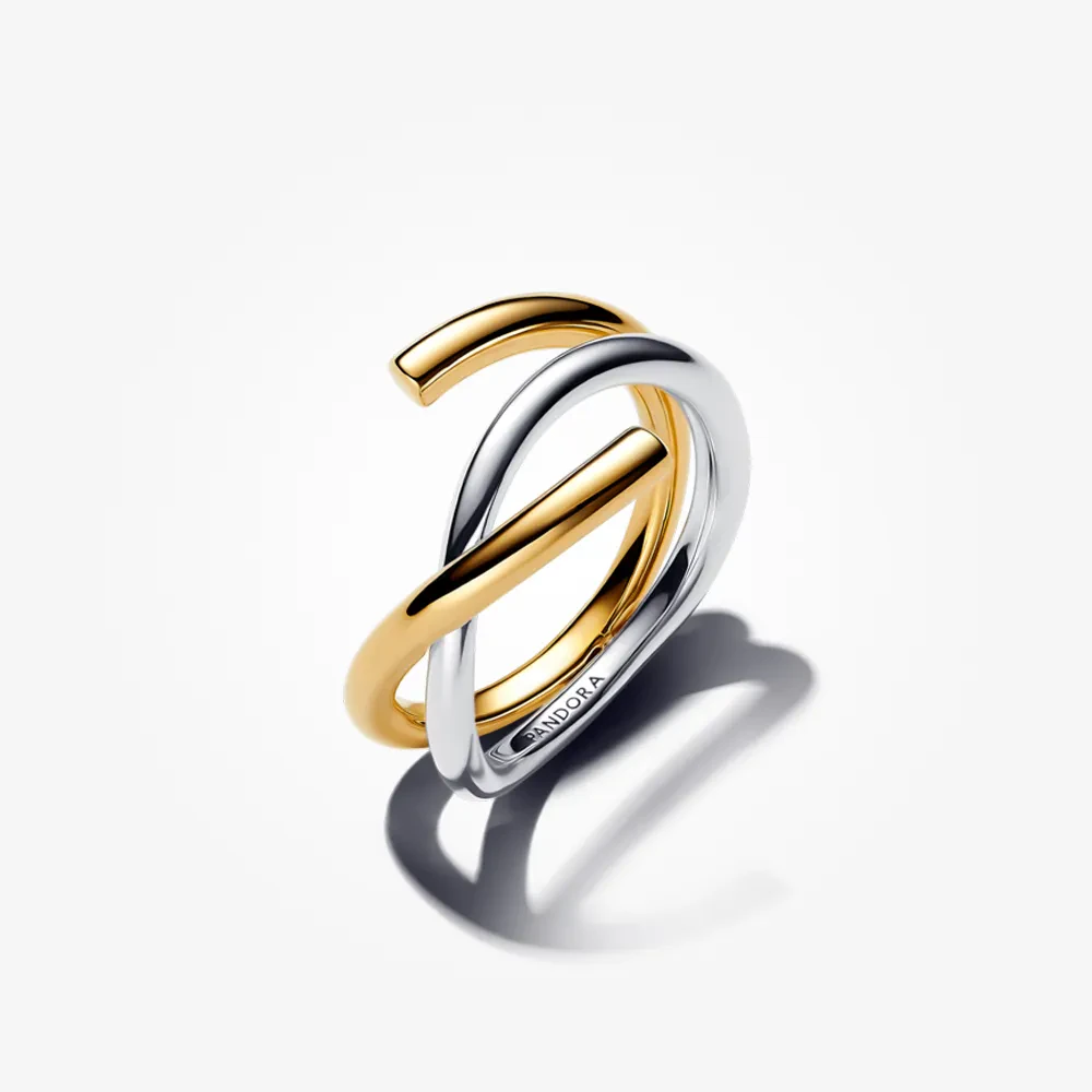 PANDORA ESSENCE 14K GOLD PLATED ORGANICALLY SHAPED TWO-TONE DOUBLE RING