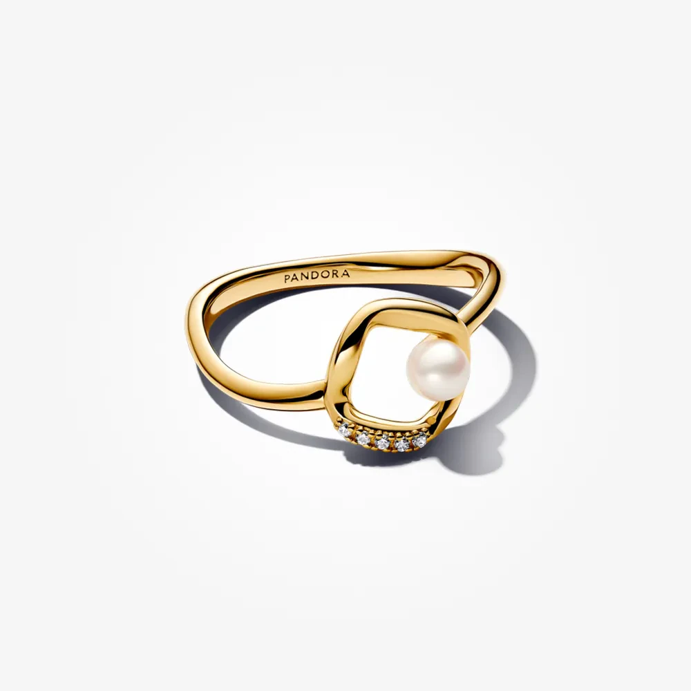 PANDORA ESSENCE 14K GOLD PLATED ORGANICALLY SHAPED PAVÉ CIRCLE & TREATED FRESHWATER CULTURED PEARL RING