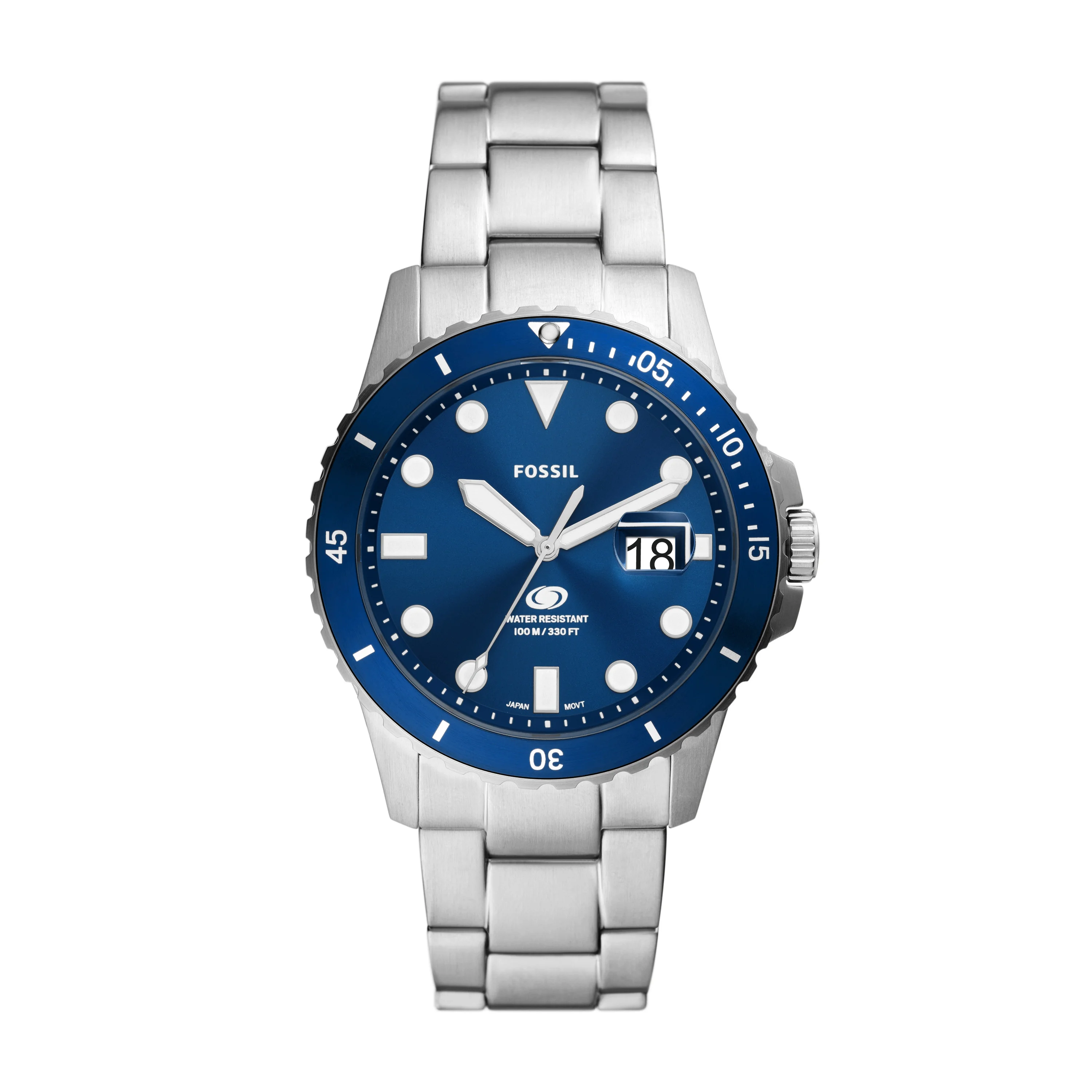 FOSSIL BLUE DIVE THREE-HAND DATE STAINLESS STEEL WATCH